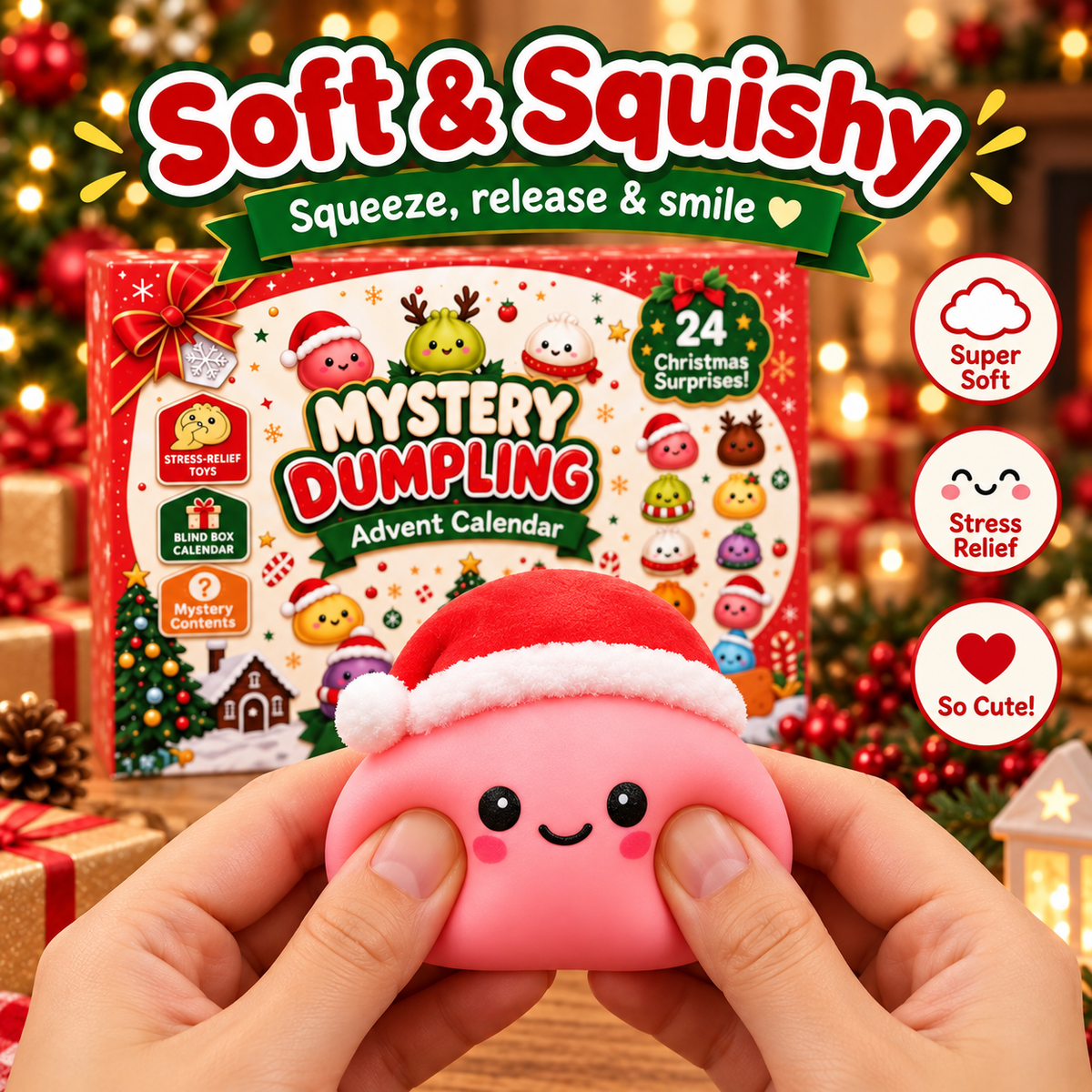 Soft pink Santa dumpling squishy toy being squeezed